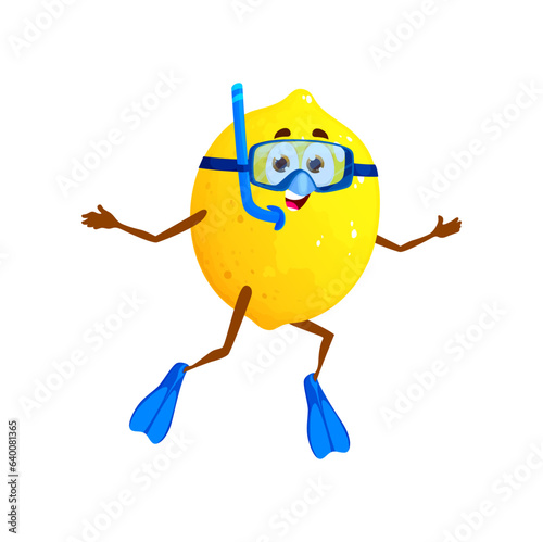 Cartoon diver lemon character, citrus fruit on summer vacation. Vector amusing fruit engaging in scuba diving or snorkeling fun and leisure. Food personage relaxing in sea during holidays trip