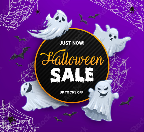 Halloween sale banner, cartoon scary ghosts and spiders on cobweb. Vector promo background for autumn holiday discount offer. Advertisement card with funny spirits, flying bats and spiderwebs