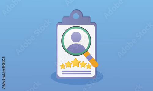 impressions Illustrations of resume profile for job interview with magnifying glass job search.on blue background.Vector Design Illustration.