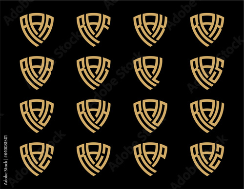 RAA, RAB, RAC, RAG, RAH, RAJ, RAK, RAL, RAO, RAP, RAR, RAS, RAU, RAZ creative letter shield logo design vector icon illustration