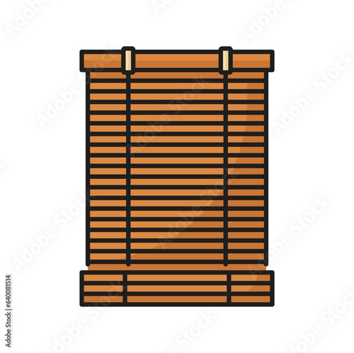 Brown sunblind shutter curtains shade, office interior closed jalousie. Vector roller jalousie, horizontal window curtains, sun shade blinds outline icon