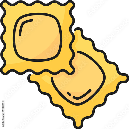 Ravioli or raviolo italian cuisine pasta with filling color outline icon. Vector ravioli squares of flour, enveloped pasta dough, food of Italy