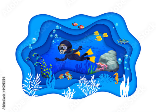 Young diver on cartoon tropical sea paper cut landscape exploring the underwater world, surrounded by colorful fish shoals and coral reefs. 3d vector papercut art for diving activity and recreation