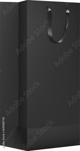 Black paper shopping bag with ribbon handle mockup. Cardboard packaging, boutique paper paperbag or shop purchase shopper 3d vector mock up. Isolated shopping packet realistic template or mockup