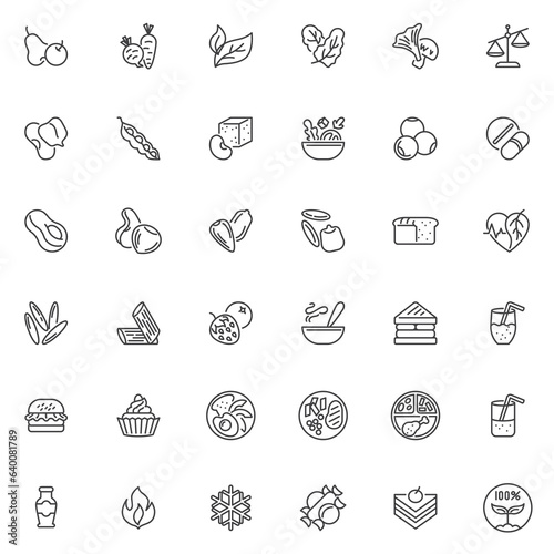 Vegetarian food menu line icons set
