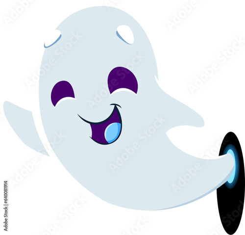 Cartoon cute kawaii Halloween ghost monster character glides playfully through wall with whimsy and smile. Adorable vector spook with charming funny presence brings a touch of enchantment to holiday
