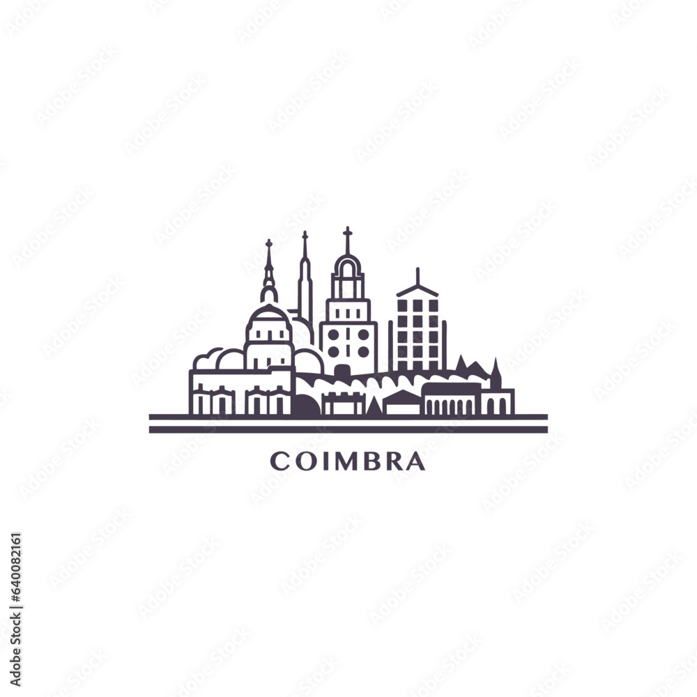 Portugal Coimbra cityscape skyline city panorama vector flat modern logo icon. European town emblem idea with landmarks and building silhouettes. Isolated Portuguese  graphic