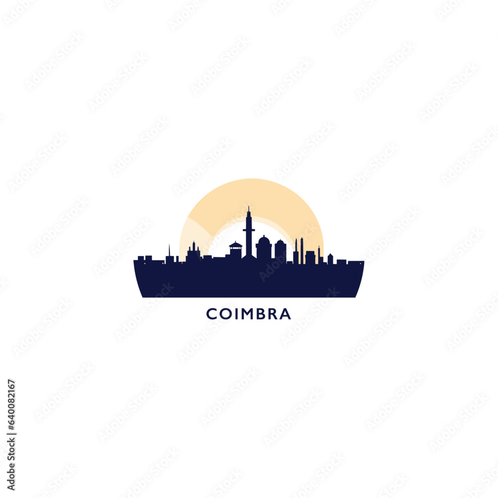 Portugal Coimbra cityscape skyline city panorama vector flat modern logo icon. European town emblem idea with landmarks and building silhouettes. Isolated Portuguese graphic