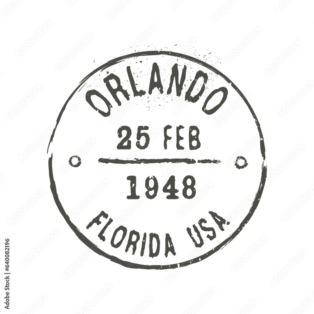 Orlando postage and postal stamp. Postal envelope USA town ink stamp, postage departure country or region grunge vector seal or postcard United States of America Florida Orlando city mark