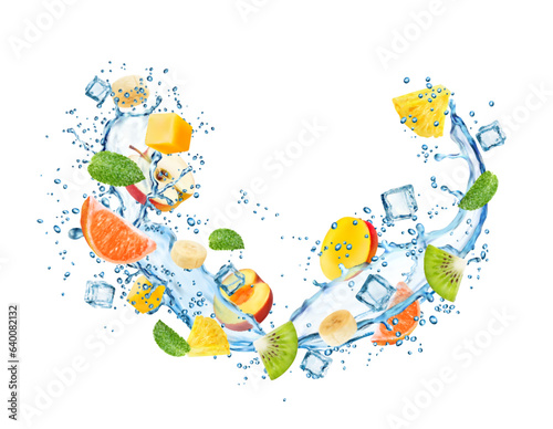 Fototapeta Naklejka Na Ścianę i Meble -  Liquid water wave splash with fruits and mint leaves with realistic ice cubes in drink, isolated vector. Tropical fruits soda juice or lemonade with pineapple, mango or peach, kiwi or orange in splash