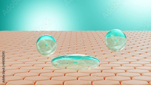 3D essence bubbles fall down slowly and then penetrate into the skin. Light blue background. Concept of vitamins for beauty