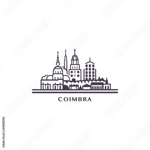 Portugal Coimbra cityscape skyline city panorama vector flat modern logo icon. European town emblem idea with landmarks and building silhouettes. Isolated Portuguese graphic