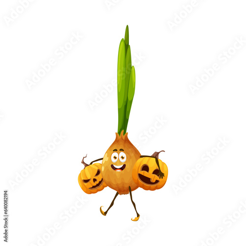 Cartoon onion character with Halloween pumpkins. Isolated vector jovial vegetable lively personage carrying jack-o-lanters for holiday party celebration. Cartoonish amusing onion fantasy veggies