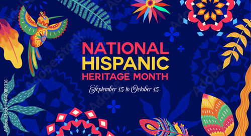 National Hispanic heritage month festival poster with tropical flowers, vector background. Hispanic Americans holiday of culture, tradition and art heritage in floral ornament with flowers and birds