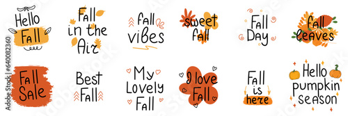Big collection of Fall short phrases. Fall quotes calligraphy lettering. Vector illustraiton.