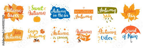 Big collection of Autumn short phrases. Autumn quotes calligraphy lettering. Vector illustraiton.