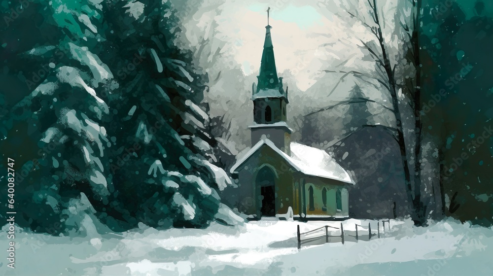 church in winter, snowy landscape, beautiful oil painting, illustration for christmas cards, poster, wallpaper, background banner