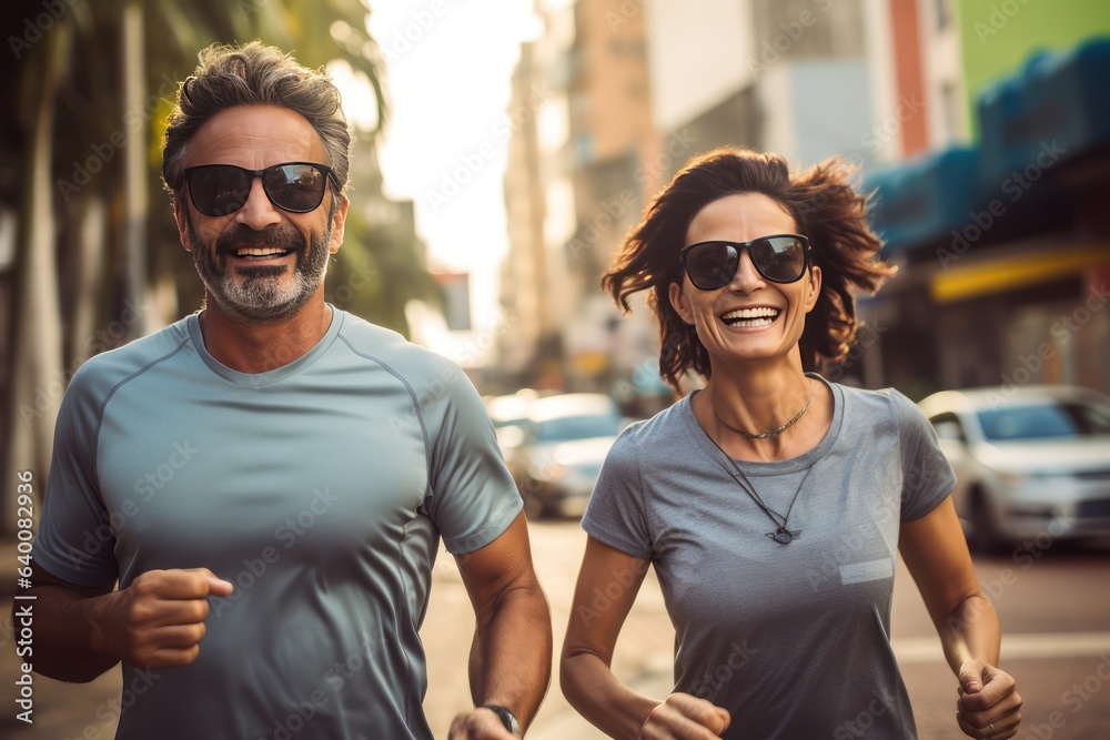 A middle-aged Brasilian couple during an evening jog through the streets of their neighborhood. Sports as the best remedy for aging. Loving middle aged couple during outdoor jogging workout. A middle-aged Brasilian couple during an evening jog through the streets of their neighborhood. Sports as the best remedy for aging. Loving middle aged couple during outdoor jogging workout.