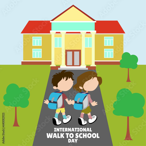international walk to school day  illustration of two children walking towards the school building.