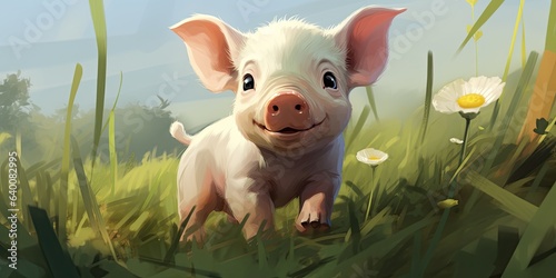 illustration of smiling baby pig standing in a field, generative AI