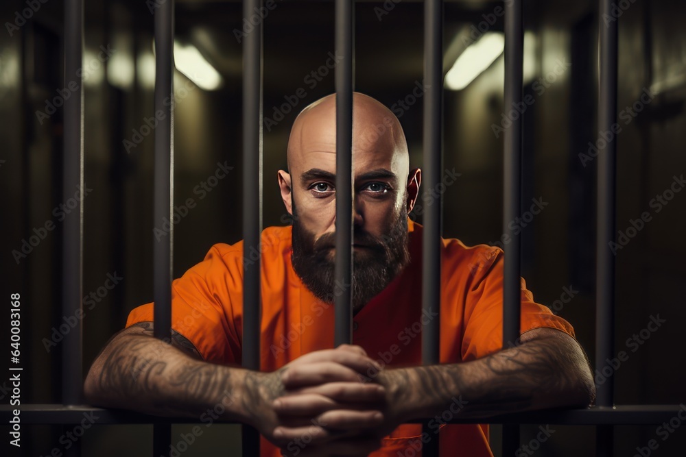 Foto de Bald middle aged Caucasian prisoner in orange uniform behind