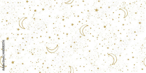 Seamless celestial pattern with golden stars and moon on white sky, astrological boho background for zodiac signs, tarot vector art. Magic space ornament.