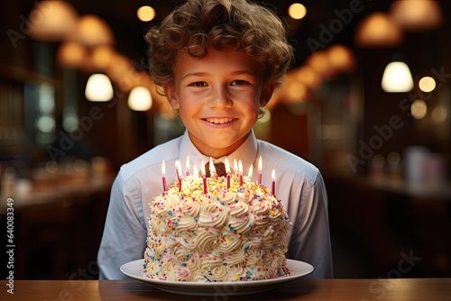 Children's birthday. Cute happy little boy near a birthday cake with candles in festive decorated room.