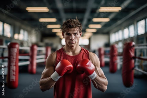 Portrait of a young boxer in the gym. He looking at camera after a workout. Boxing is a sport for those who are able to show a real masculine character photo