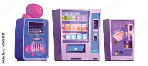 Vending machines with chewing gum, snacks and coffee. Equipment for automatic food and beverage serving. Convenient retail automated dispensers filled with packages of products. Cartoon vector.