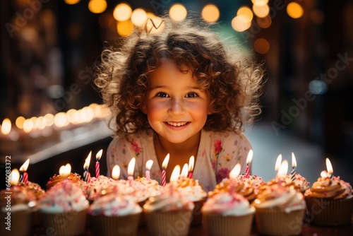 Children s birthday. Cute happy little girl near a birthday muffins with candles in festive decorated room.