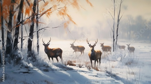 deer in snowy forest, art, oil painting, illustration for christmas card, wallpaper, poster