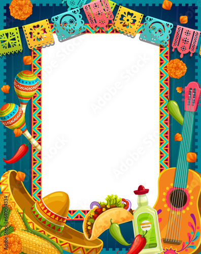 Mexican Dia de Los Muertos banner with papel picado flags, guitar and marigold flowers, vector background. Mexican Day of Dead holiday tequila and maracas, taco and tequila in frame of papel picado