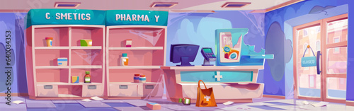 Abandoned pharmacy store interior illustration. Empty shelf in retain pharmaceutical drug shop. Healthcare medicine in messy medicine closed point room with broken wall and counter day game design