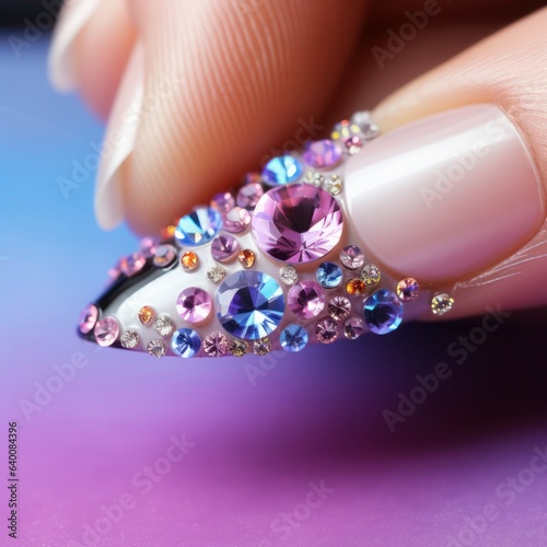 Female nail decorated with colorful shining rhinestones, glamorous creative manicure, macro.