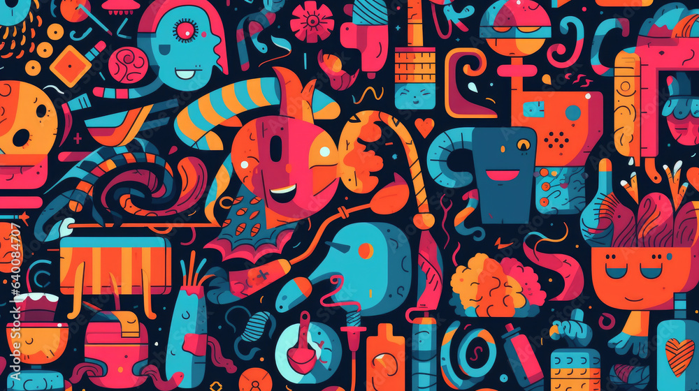 Obraz premium Vector doodle art cluttered maximalist pattern