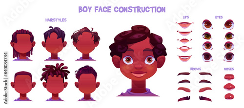 Black kid boy character face avatar construction vector cartoon set for animation. Hair, eye, mouth and nose of young african child head kit. Create toddler portrait with smile and hairstyle