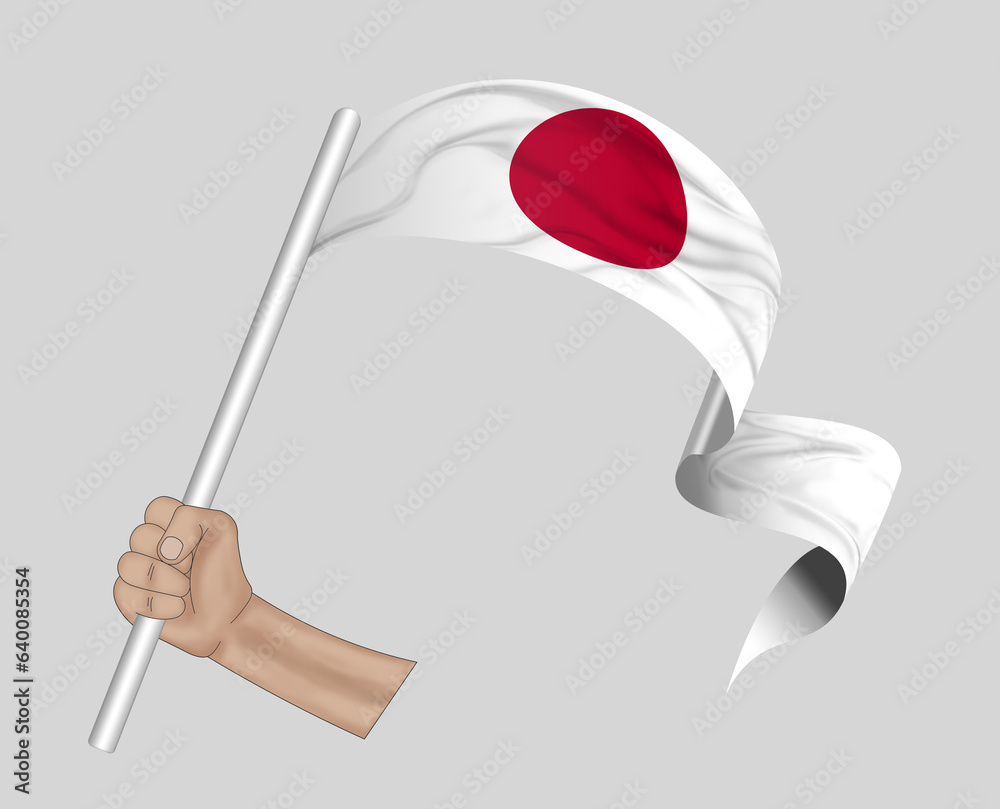 3D illustration. Hand holding flag of Japan on a fabric ribbon background. 3D illustration. Hand holding flag of Japan on a fabric ribbon background.