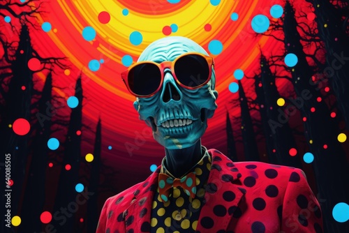Dandy dressed skeleton man with masquerade skull mask on his way to eccentric Halloween costume party, polka dot bokeh background with neon lights vivid colors - generative AI  © SoulMyst