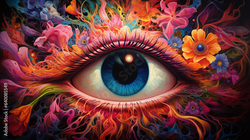An eye with a mesmerizing, swirling, and vibrant psychedelic pattern as the iris, surrounded by a spectrum of colors, the eye itself forms a blissful smile