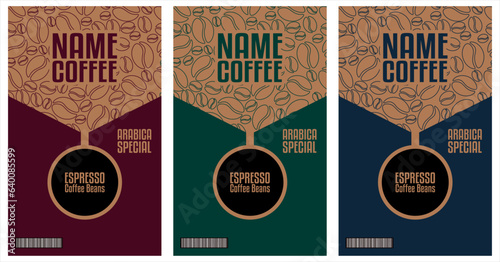 Vector set of three coffee bean labels sticker vintage elegant minimalist. Coffee labels with coffee cup and bar code on different color background