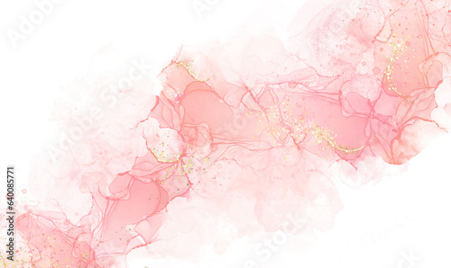 Abstract watercolor or alcohol ink art pink background element with golden crackers. Pastel pink marble drawing effect. template for wedding invitation, decoration, banner, background, png file