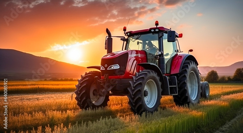 Red tractor working in the field at sunset © Adrian Grosu