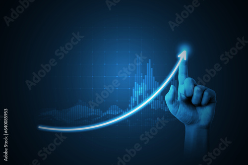 Hand pointing growth arrow success business target of up direction development graph or investment financial profit stock market chart symbol and goal achievement on economy marketing