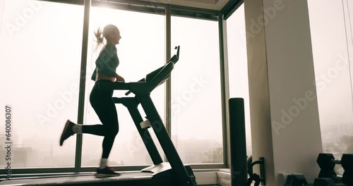 Gym, healthy or woman running on treadmill machine in agility training, exercise or cardio workout. Active runner, challenge or girl athlete with fitness for health, speed development or wellness