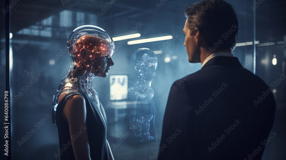 Businessman Confronting His Ai Robot Counterpart Voice Cloning And Generative Ai In Deepfake Businessman Confronting His Ai Robot Counterpart Voice Cloning And Generative Ai In Deepfake