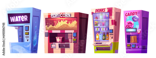 Vending machine icon with snack, candy and popcorn illustration. Food and drink isolated dispenser with unhealthy product. Vendingmachine robot device sell sweet juice and cola graphic design set.