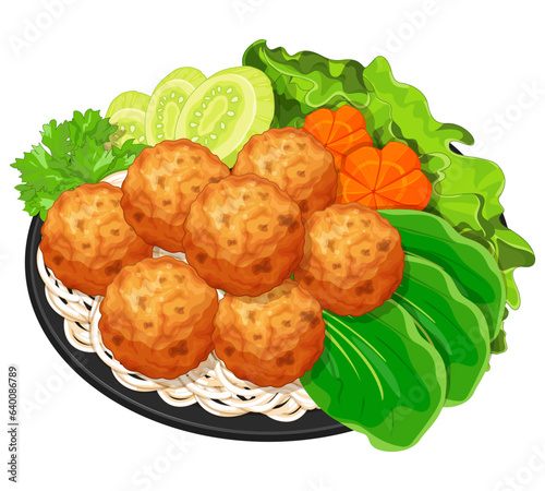 Vietnamese grilled pork meatballs (Bún Chả) illustration vector. Asian vietnamese grilled pork bun cha with rice noodles icon. Vietnamese bun cha rice noodles cartoon. Vietnam food menu icon vector.