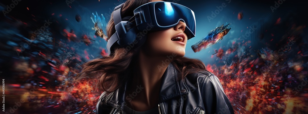 Illustration of a person wearing a virtual reality VR headset, AI Generated. Illustration of a person wearing a virtual reality VR headset, AI Generated.