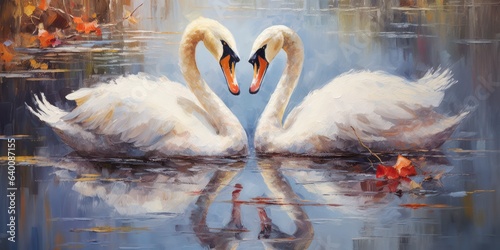 Fototapeta Naklejka Na Ścianę i Meble -  illustration of swans, oil Painting, generative AI