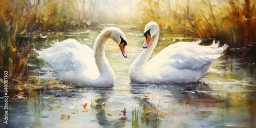 Fototapeta Naklejka Na Ścianę i Meble -  illustration of swans, oil Painting, generative AI